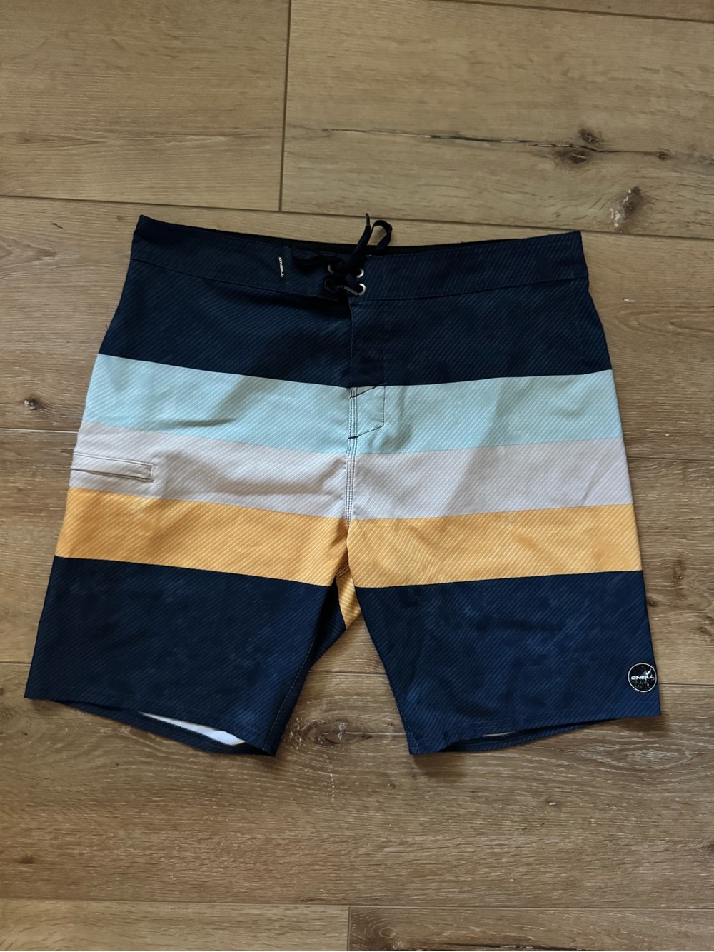 O'Neill Men's Navy, Light Blue, Beige & Yellow Striped Board Shorts